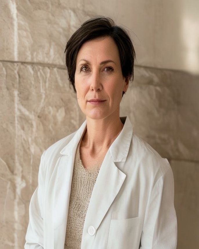 Dr. Aris Vale, founding practitioner, in an ivory clinical coat in the studio, calm direct gaze