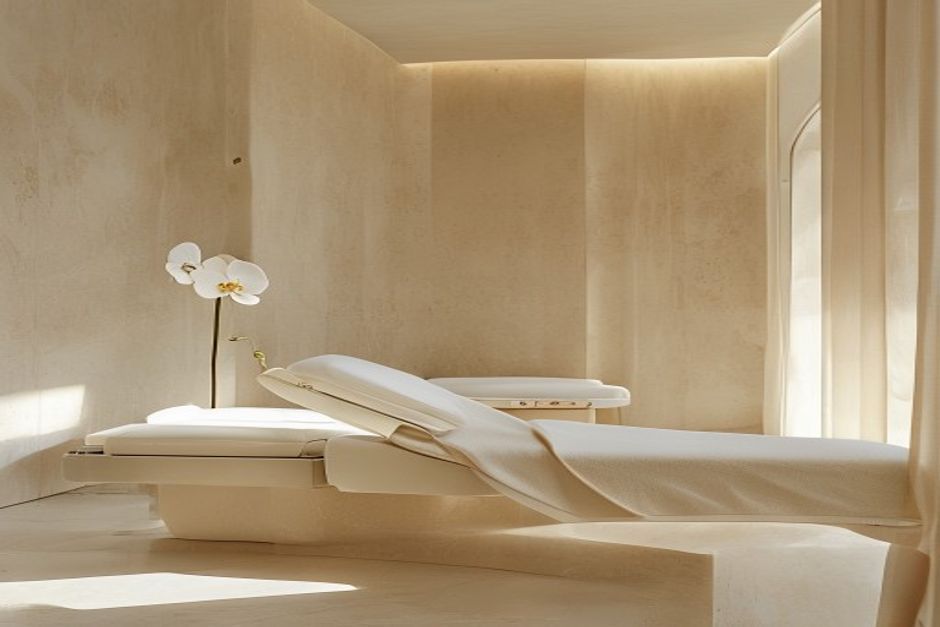 A serene travertine treatment room with soft daylight and a single white orchid