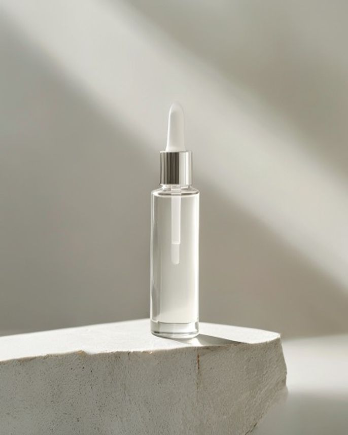 A minimalist clear serum dropper on a travertine ledge under a shaft of light